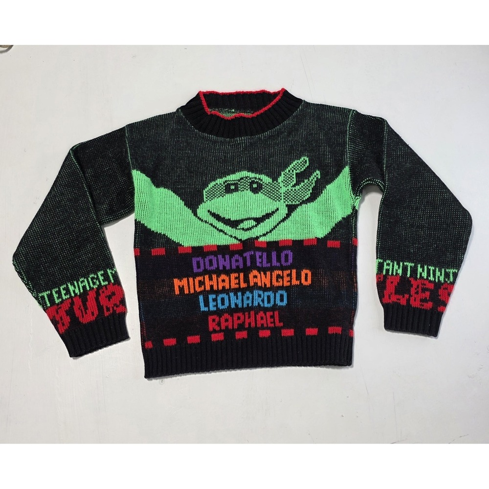Vintage Teenage Mutant‎ Ninja Turtles Sweater Kids 4-5 Black Green Knit TMNT